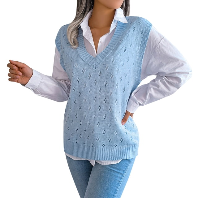 Chandail Sans Manches à Col en V Tricoté pour Femmes Style Décontracté Collège à la Mode Confortable Léger