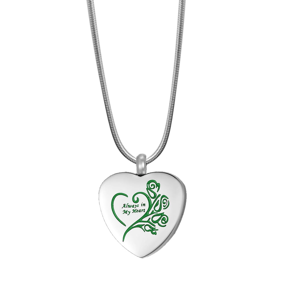 Green "Always in My Heart" Cremation Urn Necklace for Ashes Container