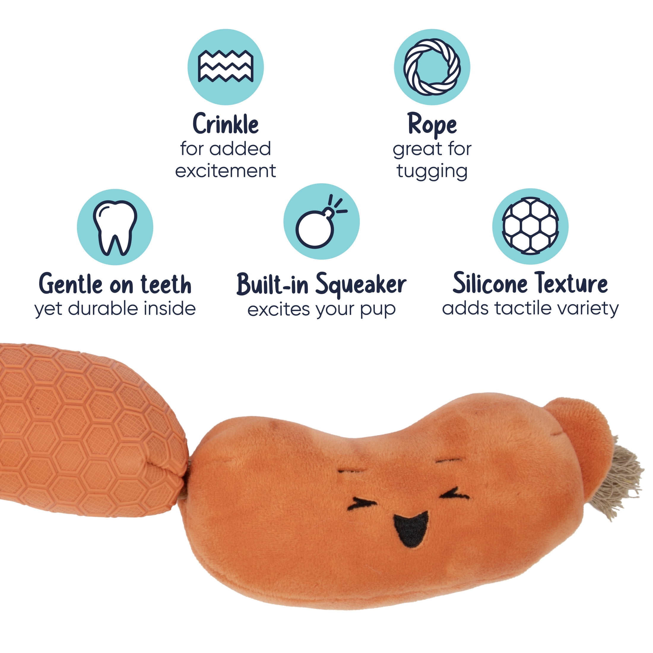 goDog Tough N Texture Hot Links Squeaky Dog Toy, Plush & Rope with Chew Guard Technology, Large