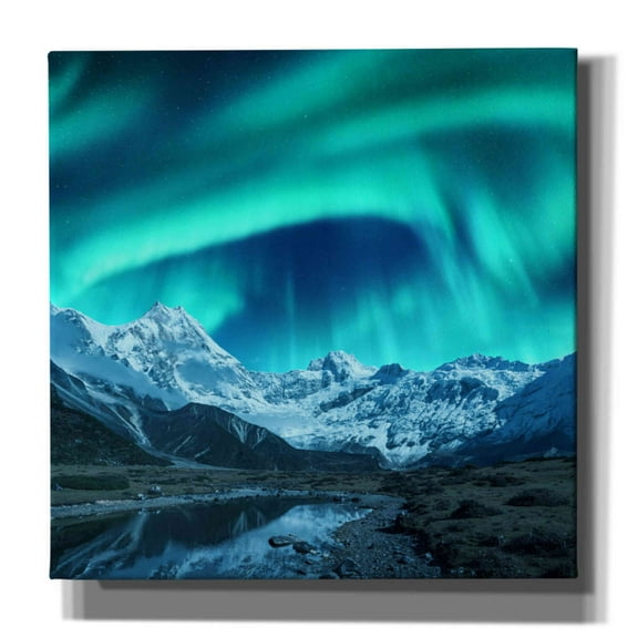 Epic Graffiti 'Northern Lights Above Snow Covered Rocks' by Epic Portfolio, Giclee Canvas Wall Art, 18"x18"
