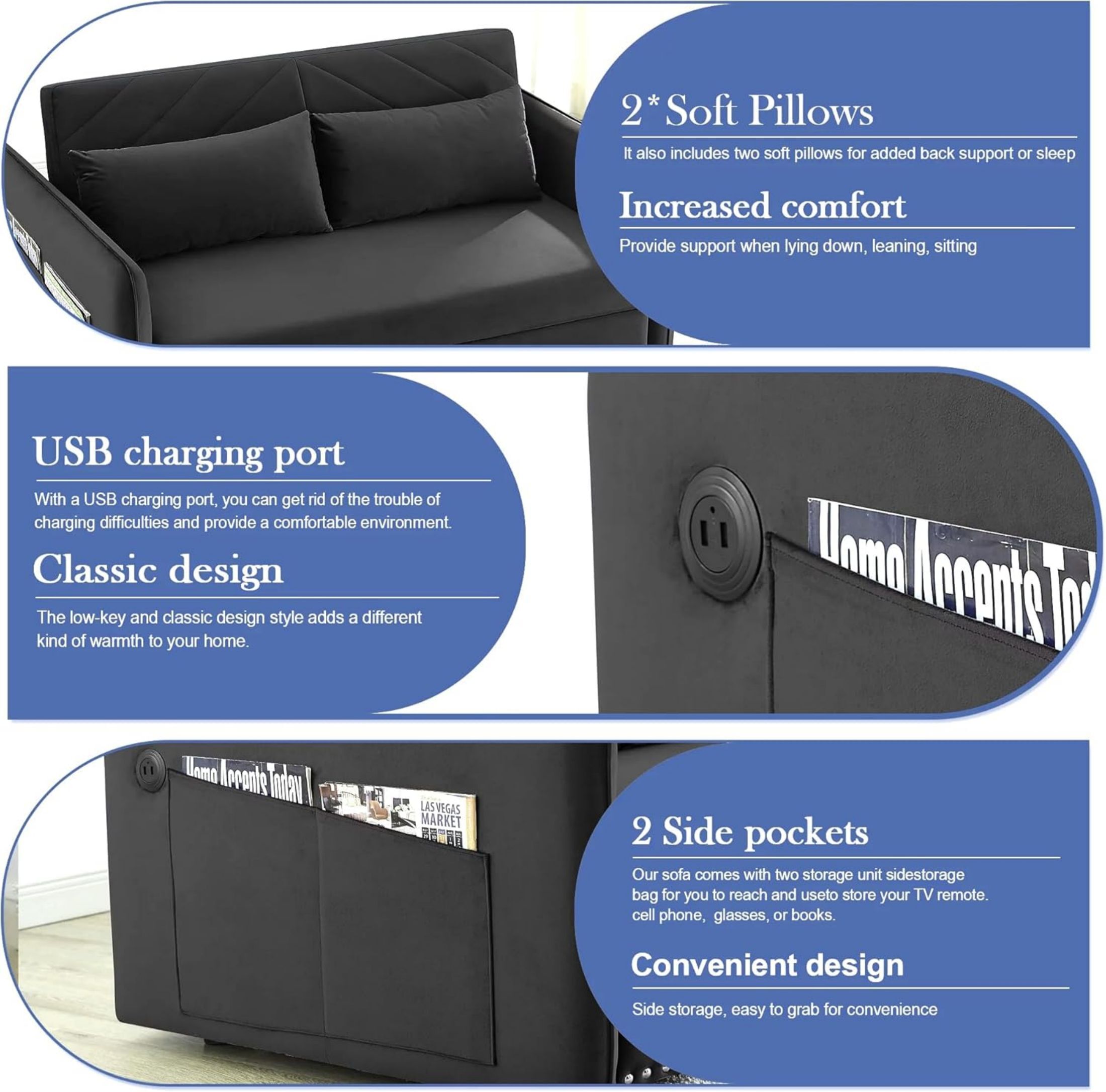 DEALTOPS Pull Out Sofa Bed, Convertible Loveseat Sleeper Sofa with USB Ports and Side Pockets, Black