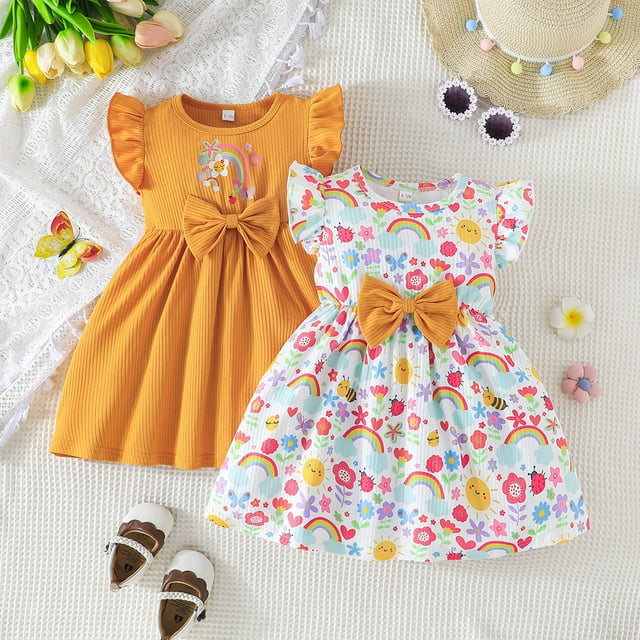 Robes pour Filles Décontractées d'Été à Imprimé Floral Arc-en-Ciel, Robe à Manches Bouffantes pour Bébé et Tout-Petit pour Sorties et Photo 2 Pcs