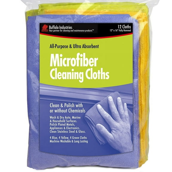 New Microfiber Cleaning Cloths buffalo Industries 65003 12" x16" Assorted: Blue Green Yellow