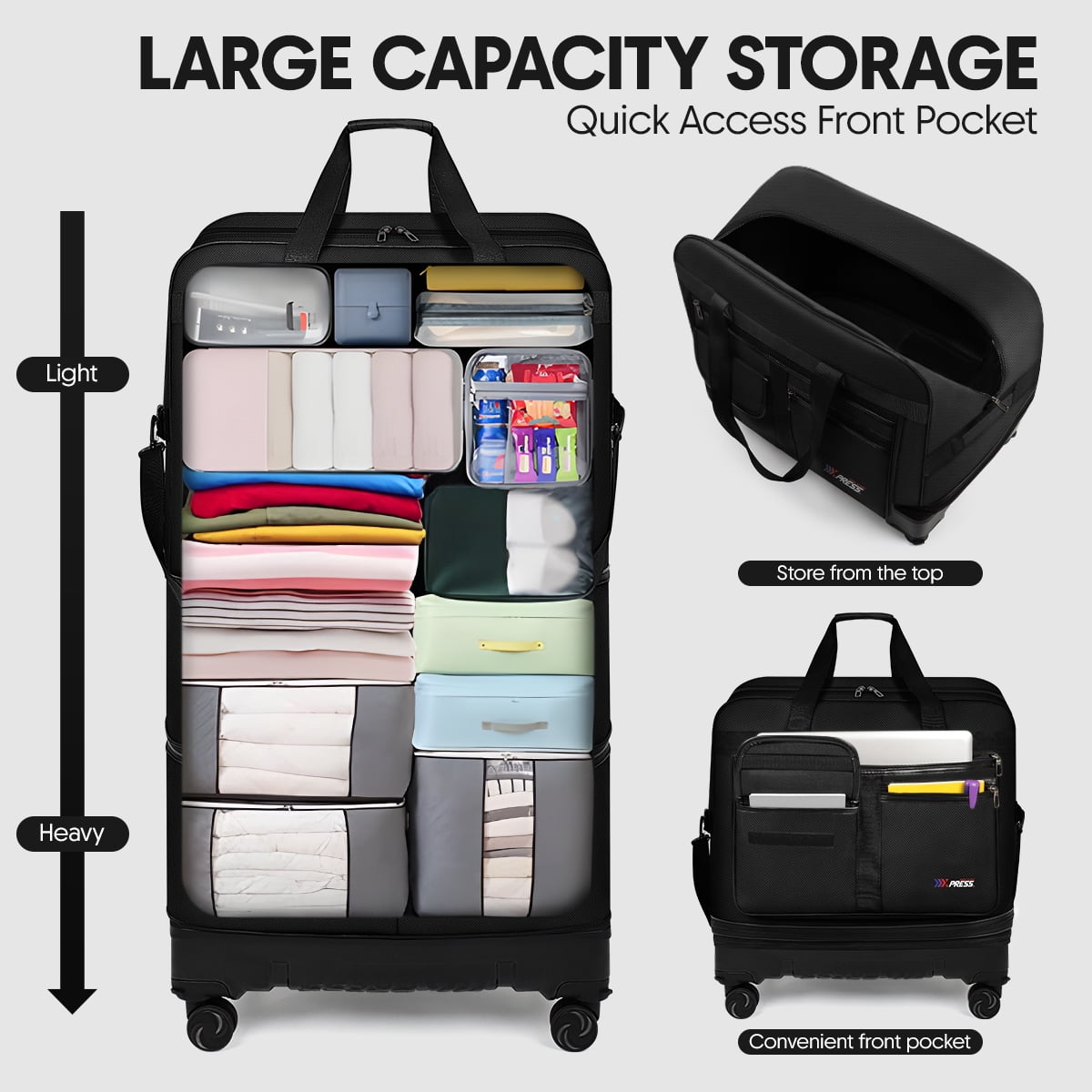 36" Expandable Foldable Suitcase Bag Large Collapsible Rolling Luggage Bag for Storage, Moving & Abroad Travel, Black, JM