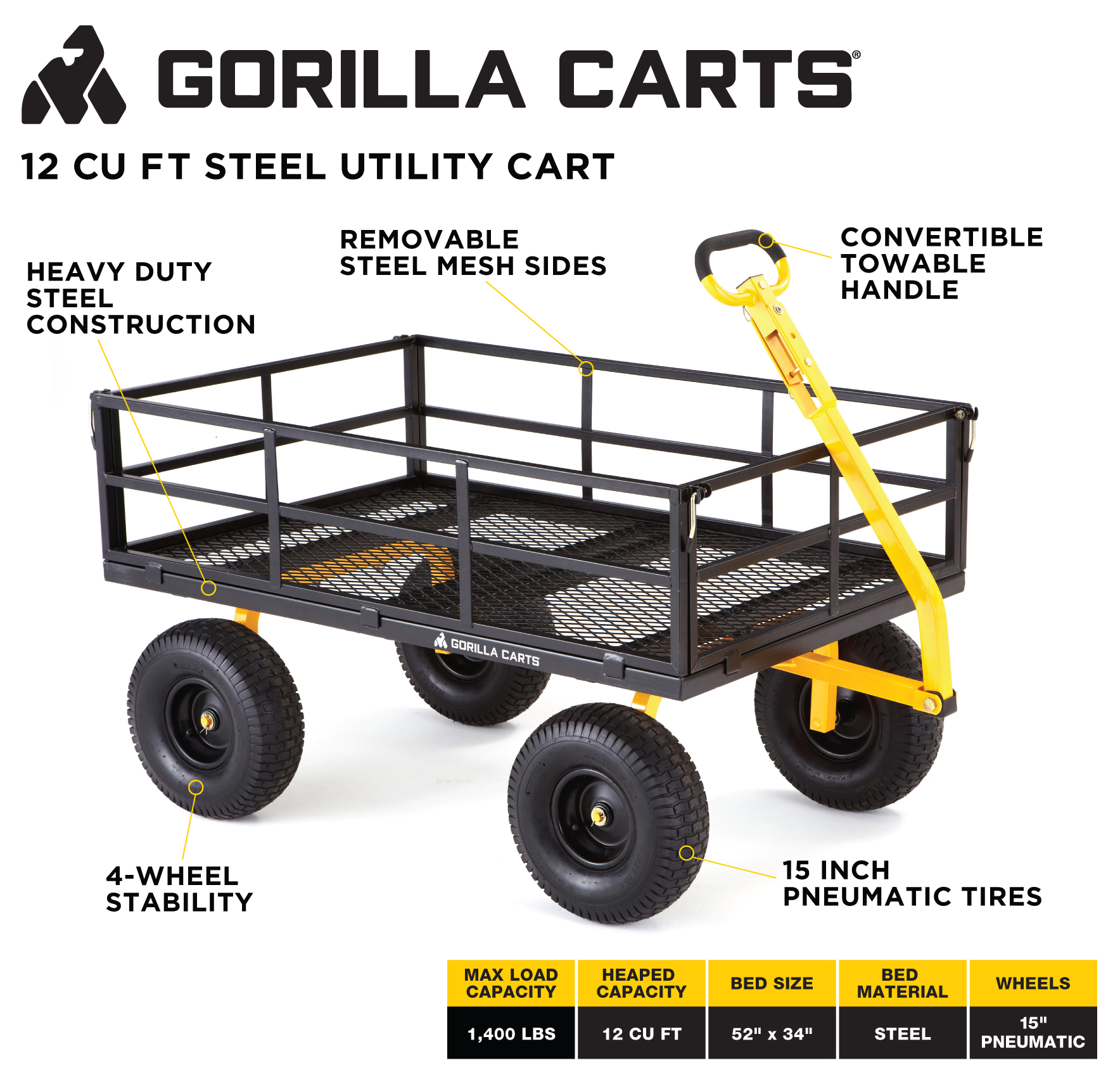 Gorilla Carts GOR1400-Com 1400-lb. Heavy-Duty Steel Utility Cart, 15" Tires, 52" x 34" Steel Bed - image 3 of 12