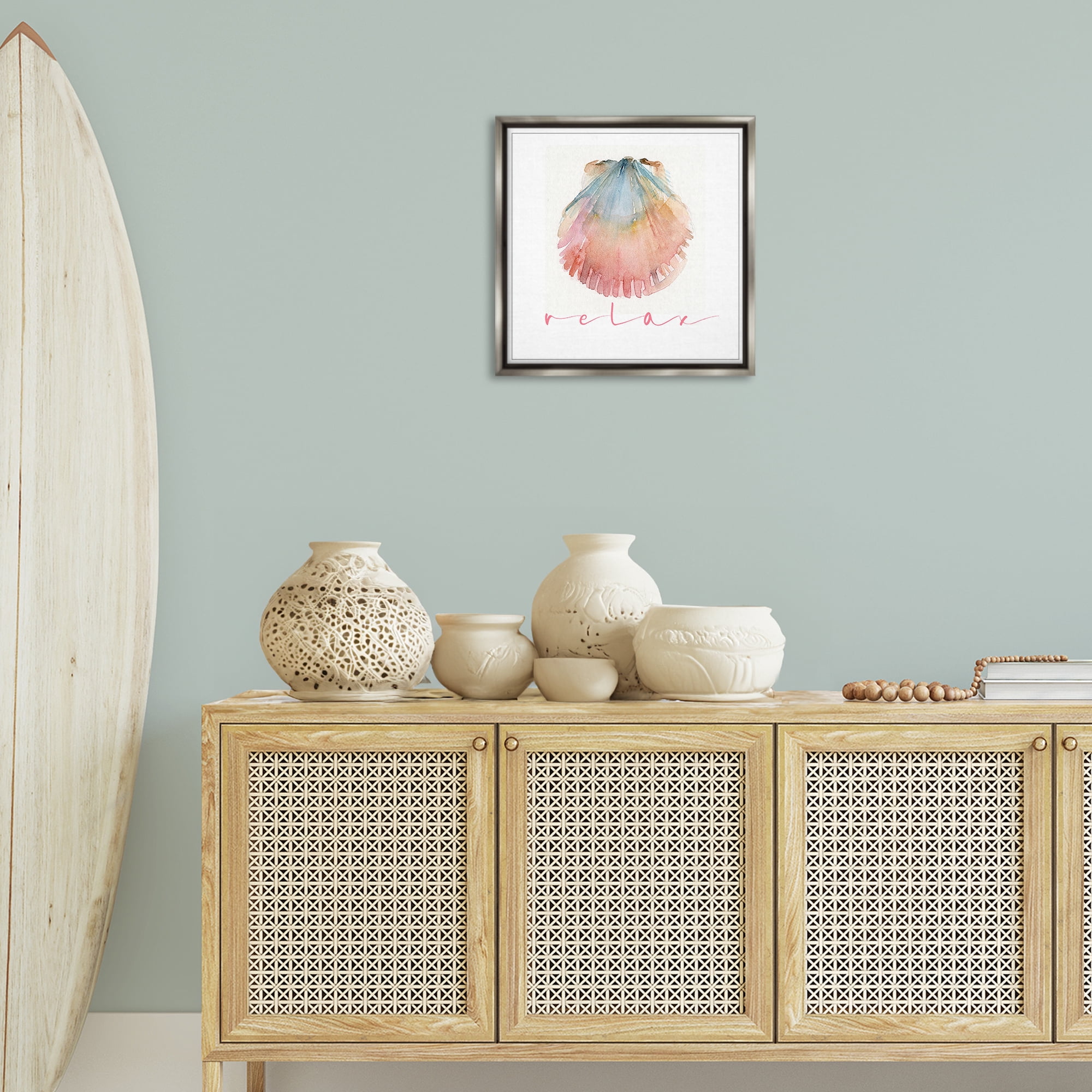 Stupell Industries Scallop Shell Relax Nautical & Beach Painting Gray Floater Framed Canvas Art Print Wall Art, 18 x 18