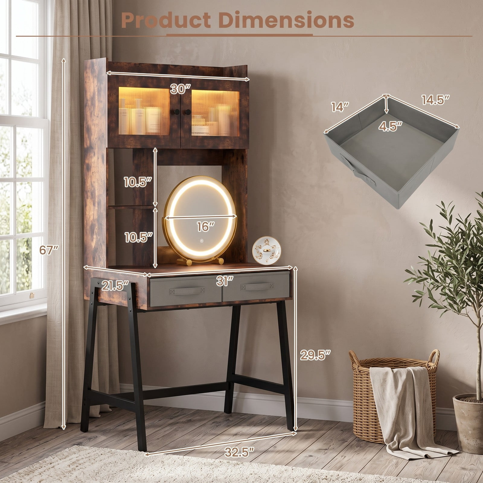 Furnibear Vanity Desk with 360 Degree Rotatable Lighted Mirror and Lighted Cabinet and Charging Storage Shelves, Rustic Brown
