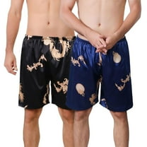 Defitshape Men's Casual Satin Pajamas Shorts 2 Pack Pj Sleep Bottoms Fall Comfy Elastic Band Frill Loose Knee Length Cool Chic Black Blue Dragon Small