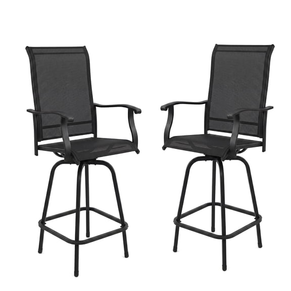 SUNCROWN Set of 2 Outdoor Swivel Bar Stools, Black Metal Frame with Breathable Mesh Seat and Back, Weather-Resistant Patio Bar Chairs with Armrests for Backyard, Deck, Poolside