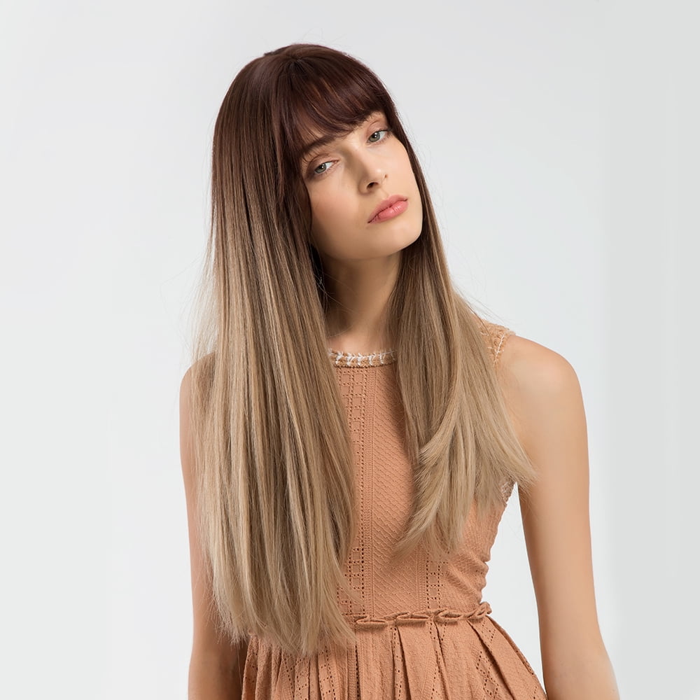BERON Ombre Light Brown Wig Long Straight Wig Heat Resistant Hight Density Synthetic Wigs for Girls Party or Daily Use Wig Cap Included