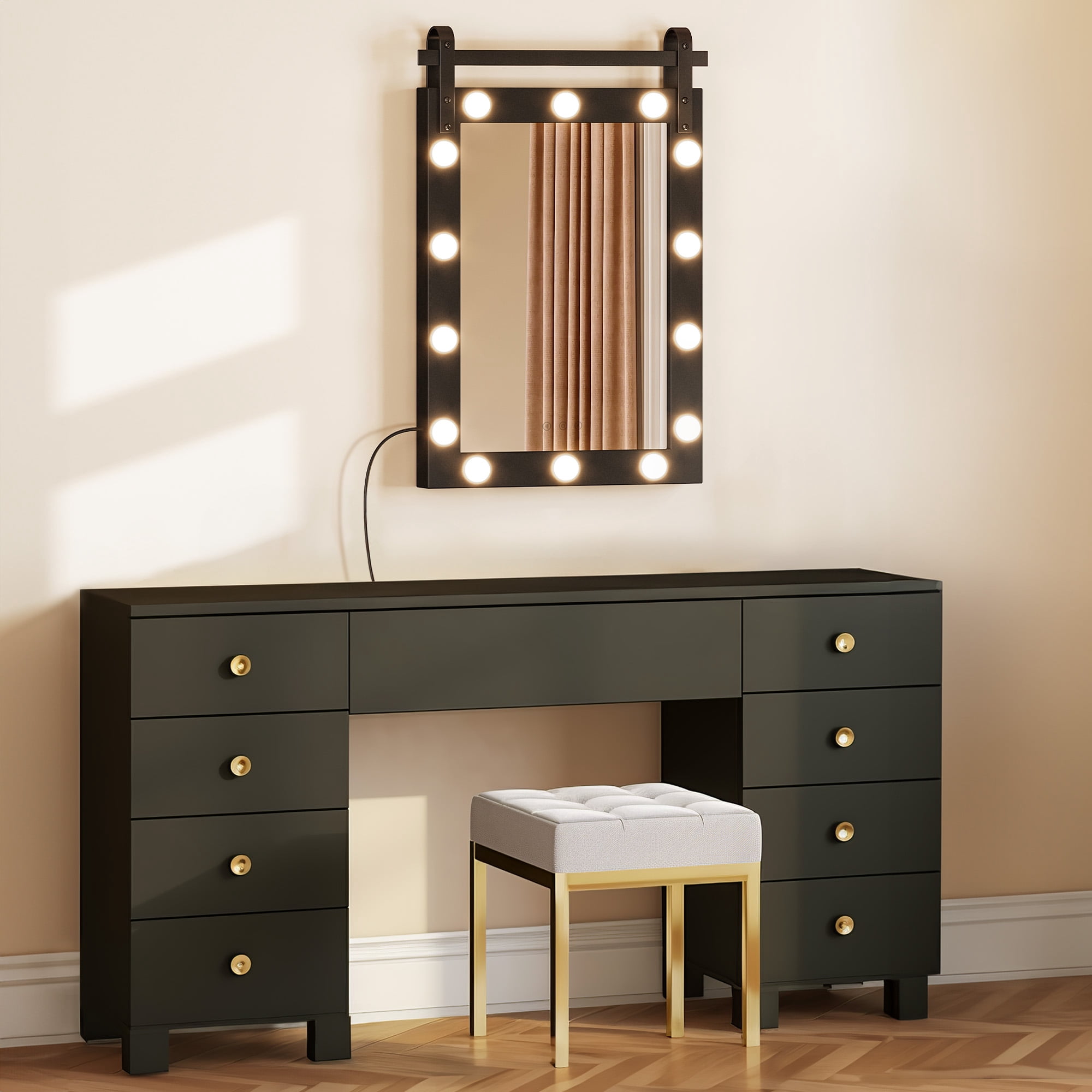 Dextrus 23.6" x 34.6'' Vanity Mirror with Lights, Smart Touch Control Hollywood Makeup Mirror with 3 Color Modes, Bathroom Wall Mounted Mirror Rectangle Vertical Mirror, Black