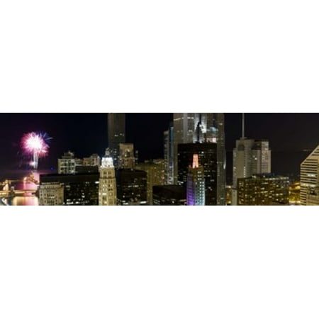 Skyscrapers and firework display in a city at night Lake Michigan Chicago Illinois USA Canvas Art - Panoramic Images (15 x