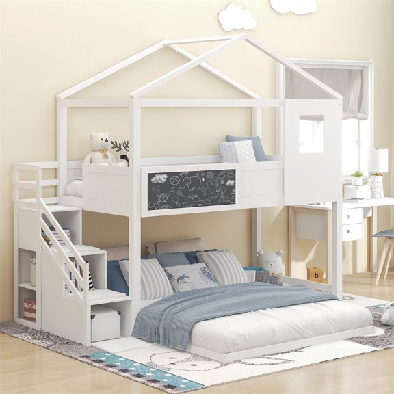 House Bunk Bed for Kids, Twin over Full Bunk Bed with Stairs, Pine Wood Bunk Bed Frame with Storage Staircase and Blackboard, Playhouse Design Bed with Pitched Roof and Window, White