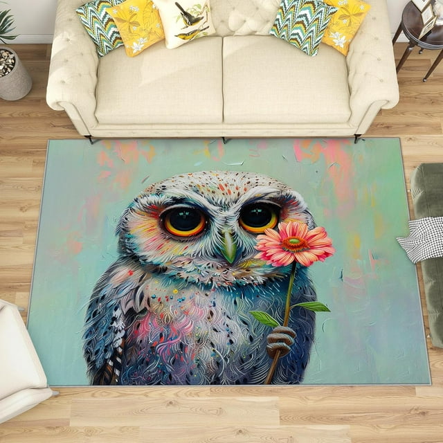 4x5 Rug, Owl Rug Washable Non Slip Soft for Living Room Bedroom, Cute Cartoon Bird Area Rug, Girls Floral Animal Carpet, Owl Home Decor & Gifts