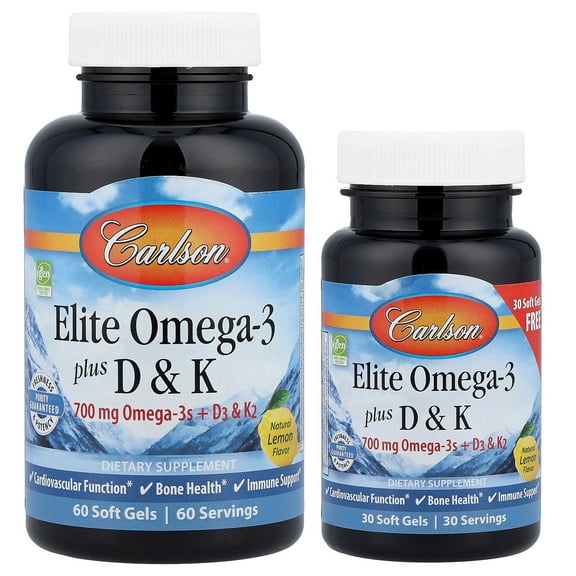 Carlson Elite Omega-3 Plus D & K, Natural Lemon, 90 Soft Gels