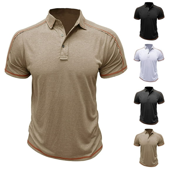 Fnooota Mens Collared Polo Shirts, Casual Buttons Pullover Summer Short Sleeve Shirts Khaki Size L