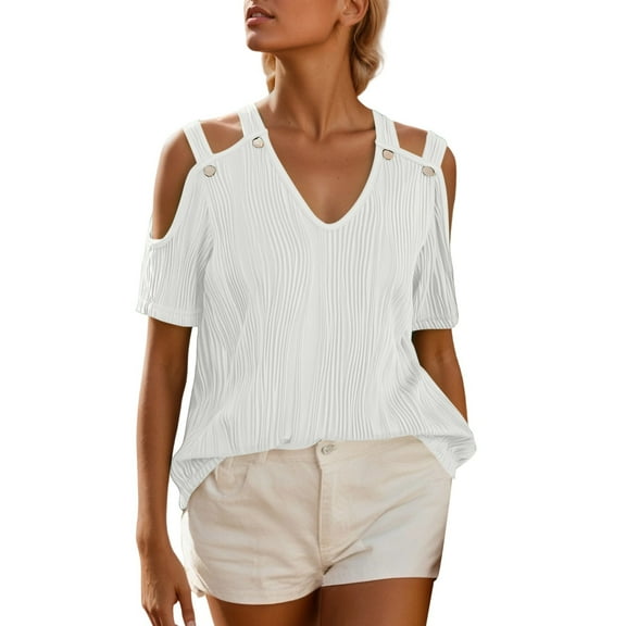 MIXUE Boho Tops For Women Summer Striped Print Solid Color V Neck Off Shoulder Short Sleeve Sexy Fashion T-shirts Activewear,White,S