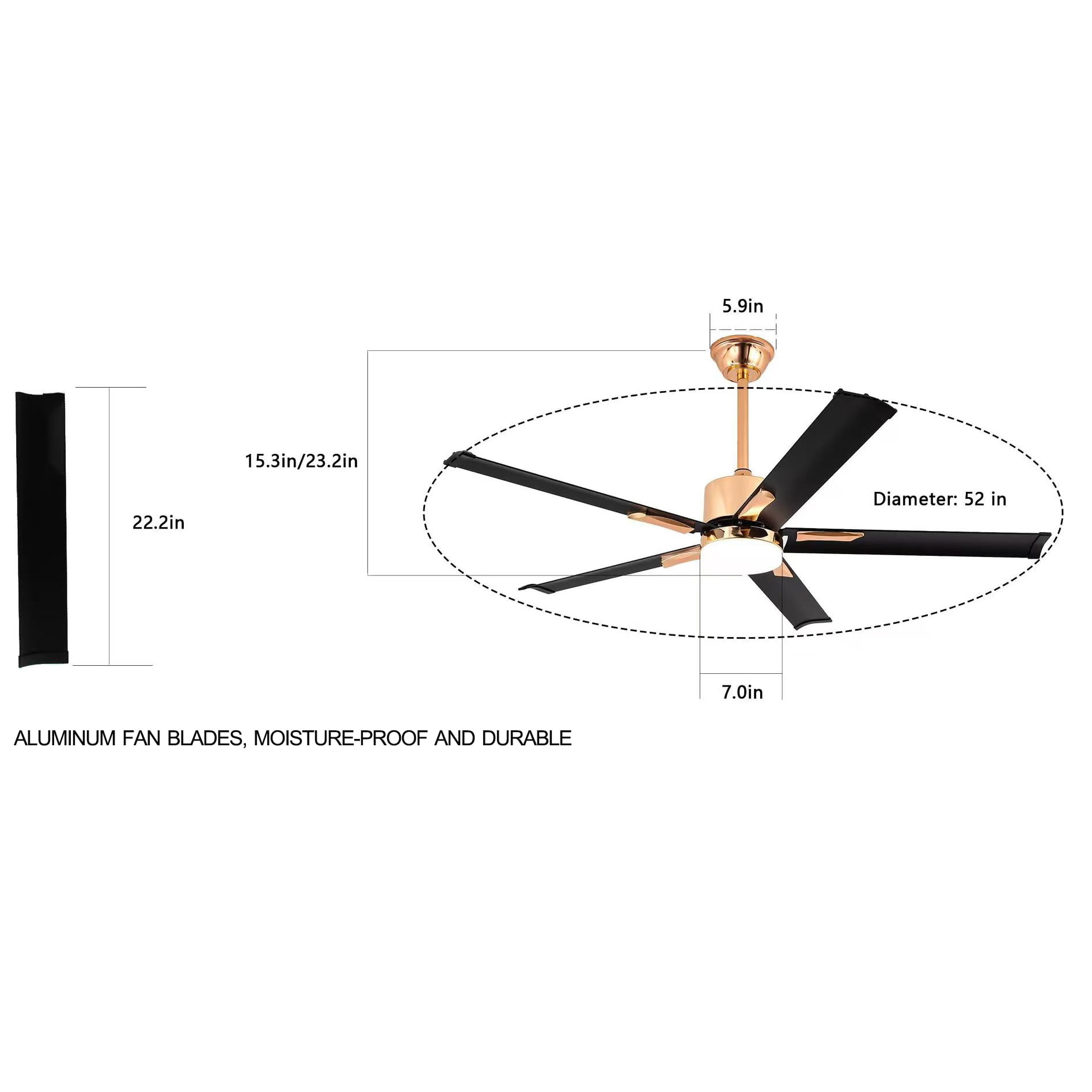 GULICA 52 Inch Ceiling Fan with Light, with 5 Aluminum Blades, Remote and APP Contorl, Dimmable  Light, Quiet Reversible Copper DC Motor for Bedroom, Living Room, Apartment, Champagne Gold and Black