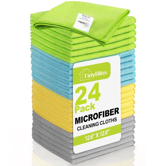 TidyBliss 24 Pack Microfiber Cleaning Cloths (Green/Blue/Yellow/Grey)