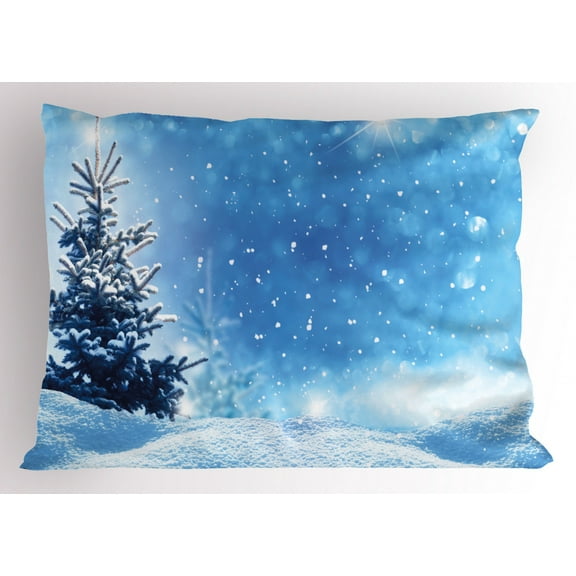 Ambesonne Winter Pillow Sham, Frozen Pine Snowflakes, 36" X 20", Blue White