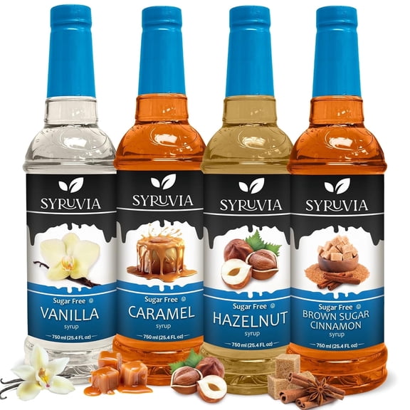 Syruvia Sugar-Free Variety Pack Vanilla, Caramel, Hazelnut & Brown Sugar Cinnamon Flavoring Coffee Syrup
