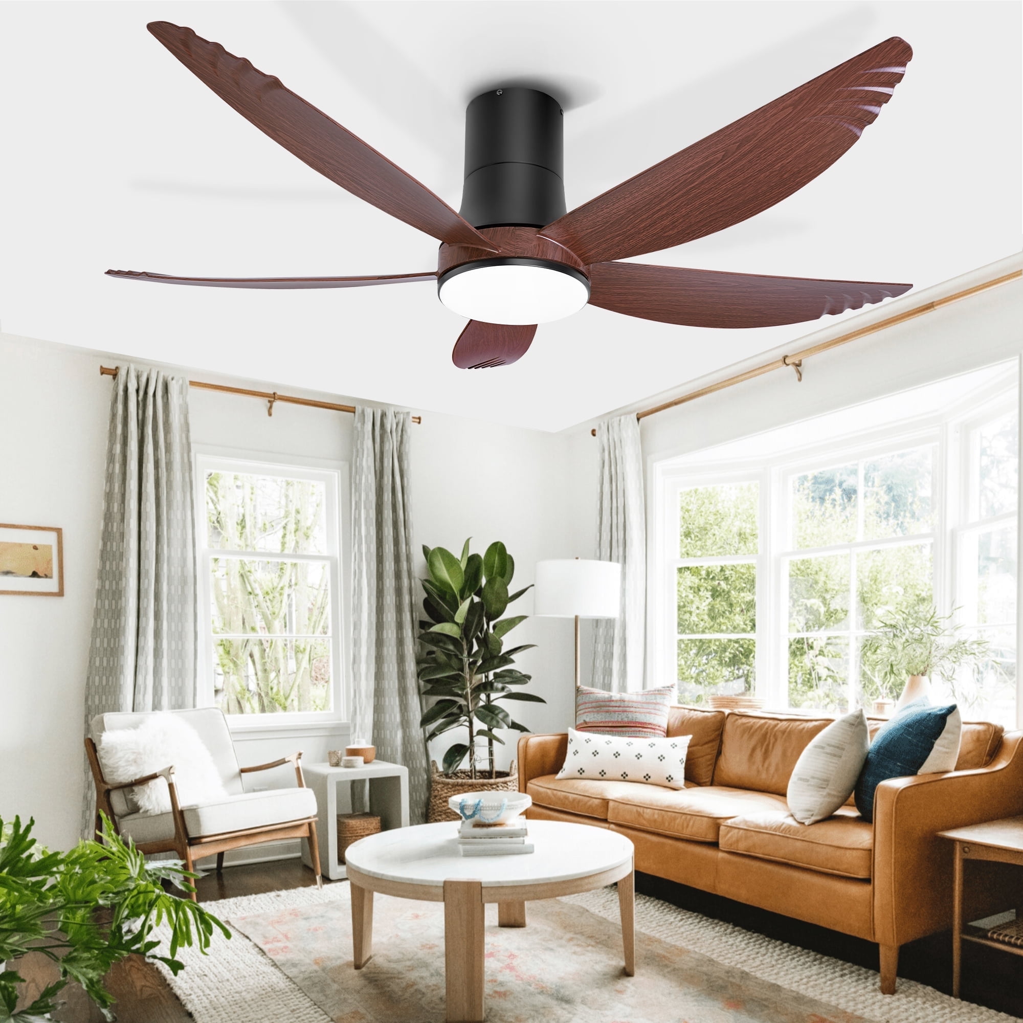 Ohniyou 58 Inch Flush Mount Ceiling Fan with Lights, Low Profile Remote Control,Dimmable, Quiet DC Motor for Bedroom Living Room,Walnut Black