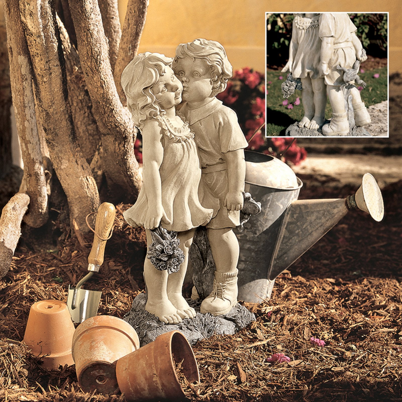 Young Sweethearts: Kissing Children Garden Statue by Design Toscano