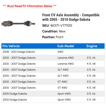 Bodeman Front CV Axle Shaft – 2005-2010 Dodge Dakota 4WD, Left Or Right, Without ABS, 10yr Warranty