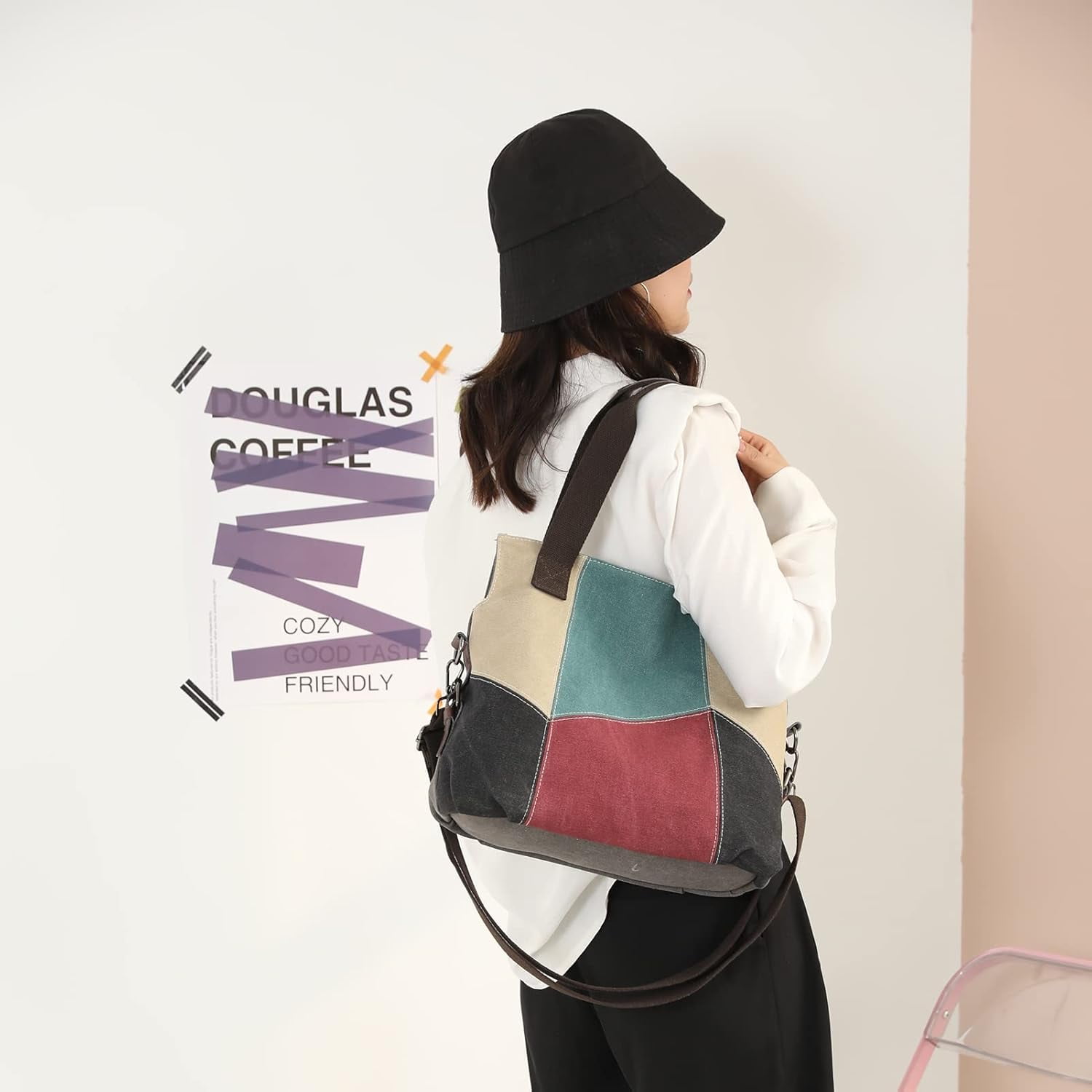 Women's Canvas Tote Purse for Work,Medium Casual Multi Pocket Crossbody Tote Bag with Shoulder Strap