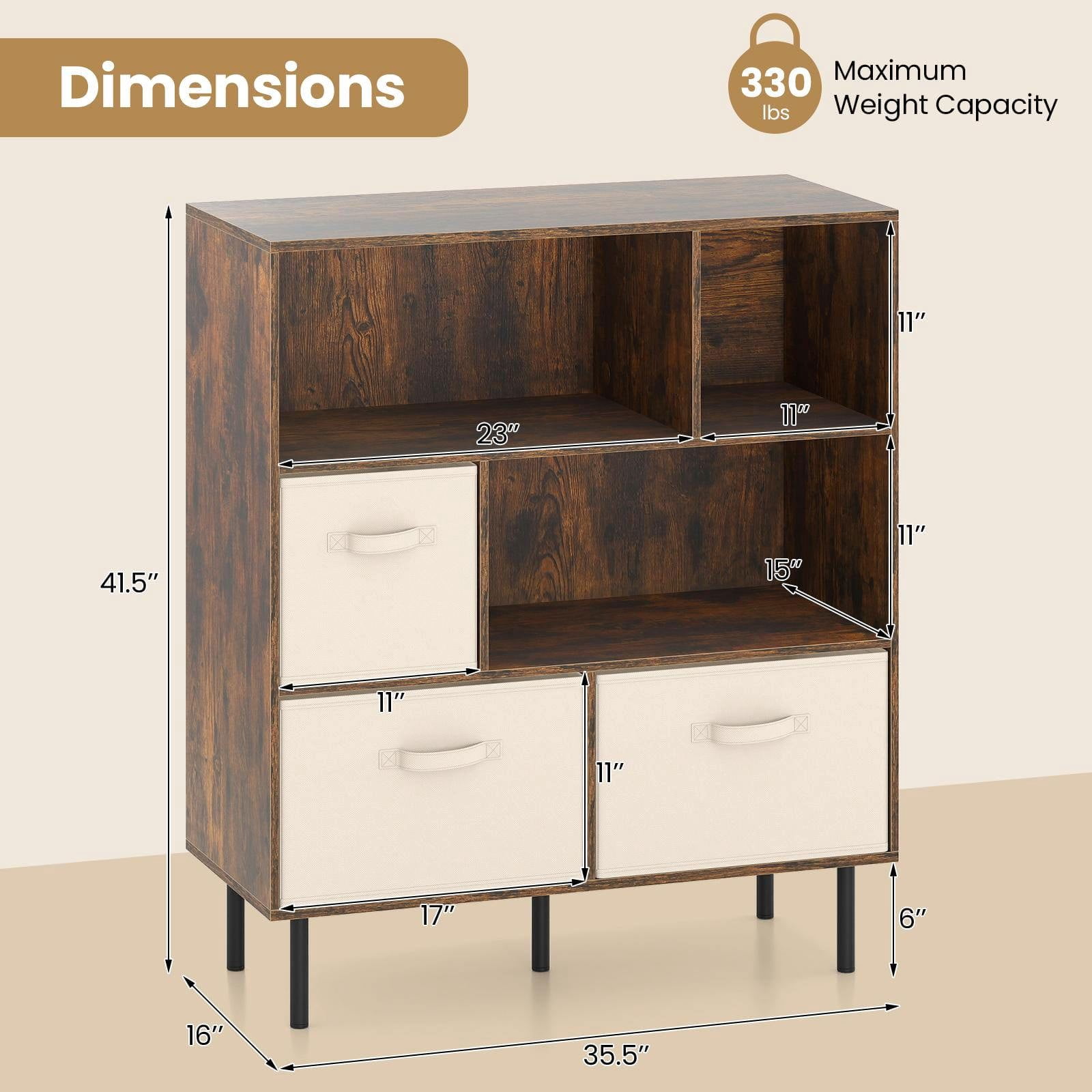Resenkos 6-Cube Bookshelf with 3 Removable Folding Fabric Drawers, Versatile Storage Cabinet for Living Room, Bedroom, Rustic Brown