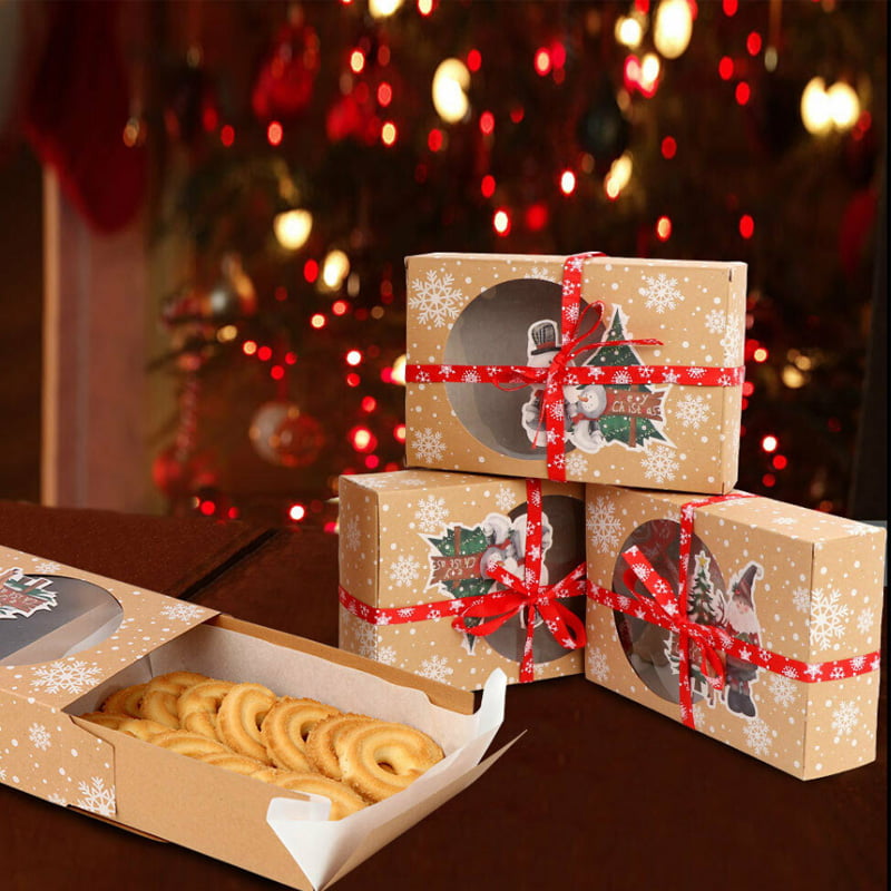 6 Style ELCOHO 18 Pack Christmas Cookie Kraft Boxes with Clear Window Holiday Xmas Goody Gift Bags Candy Treat Boxes Bakery Paper Boxes for Party Supplies 