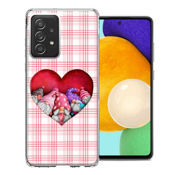 MUNDAZE for Samsung Galaxy A72 Valentine's Day Garden Gnomes Heart Love Pink Plaid Double Layer Phone Case Cover