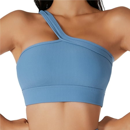 

fanshao Women Sports Bra One Shoulder Beautiful Back Full Cup Ladies Wire Free Ribbed Brassiere for Gym Running Fitness