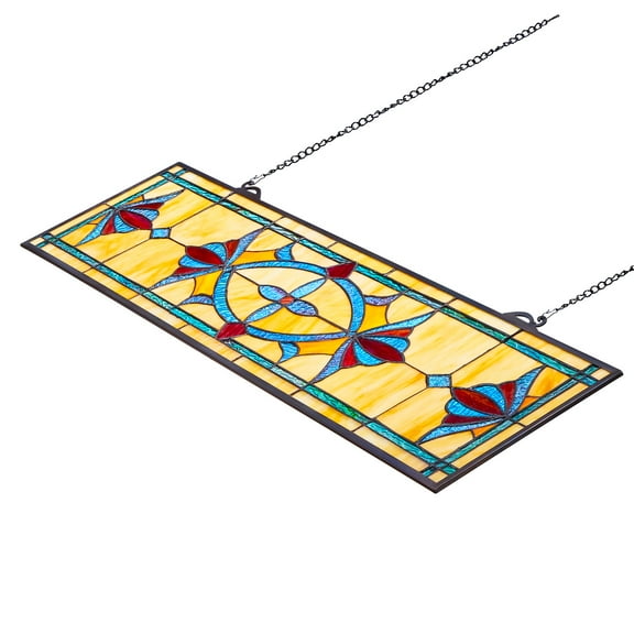 KFFKFF Stained Glass Window Panel, 32 x 10 in, Tiffany-Inspired Hanging Transom Panel with Chain, Horizontal Rectangle Design, Classic Handcrafted Art for Kitchen and Home Decoration