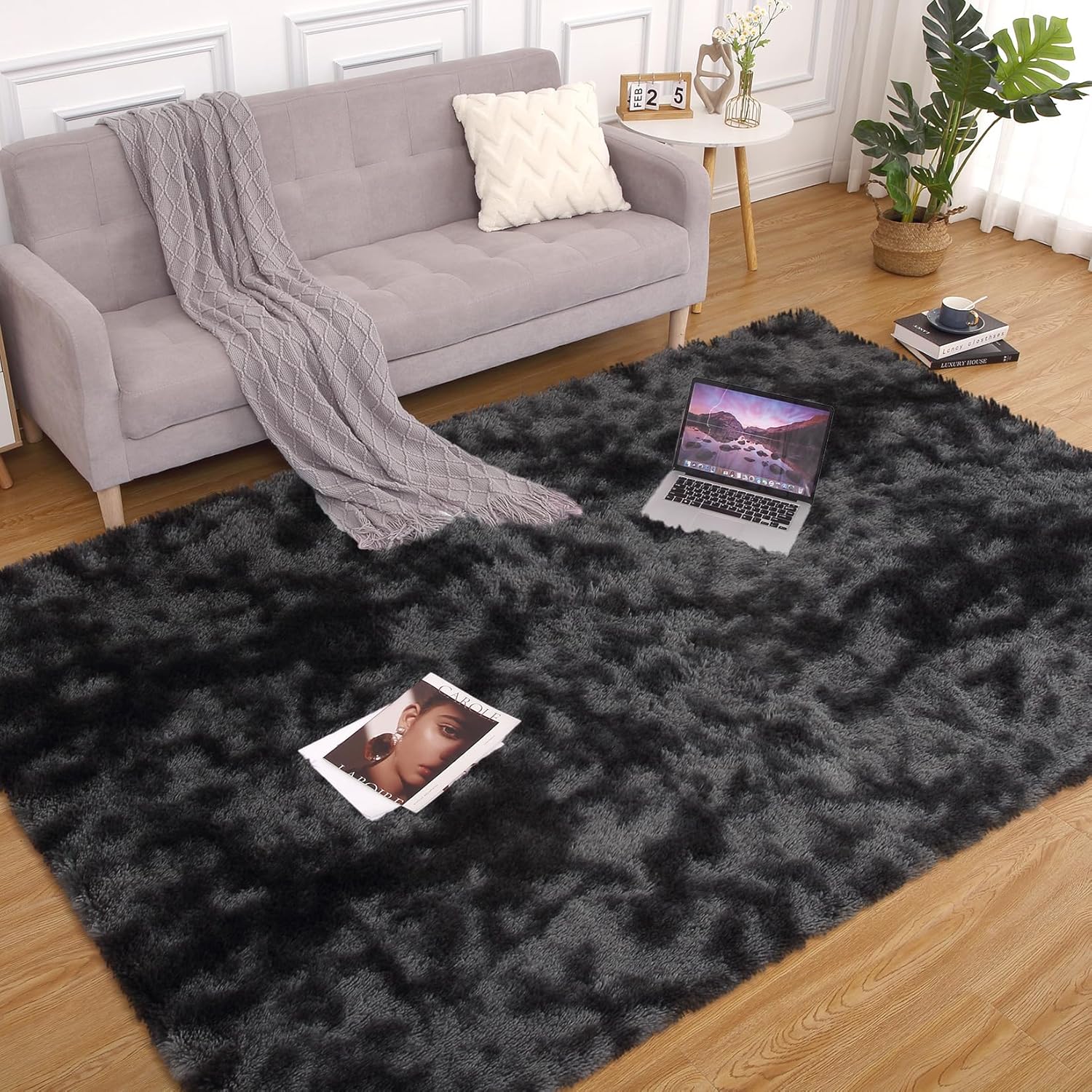 Memoryfield 5' x 8' Area Rug, Tie-Dye Plush Non-Skid Rug, for Bedroom Living Room Nursery, Black Gray