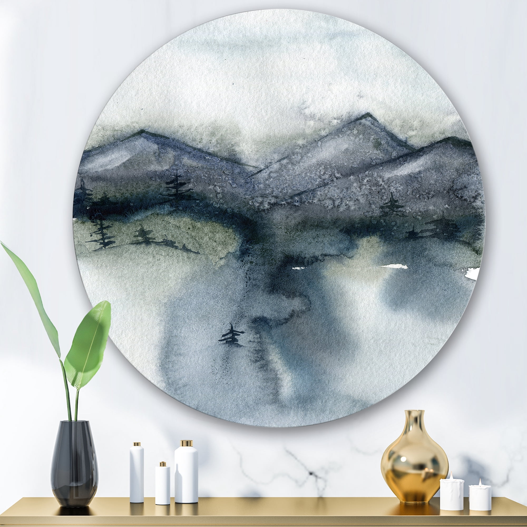 Designart 'Minimalistic Landscape of Mountains Snow and Trees' Modern Circle Metal Wall Art 36x36 - Disc of 36