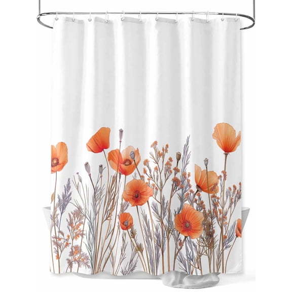 Orange Spring Floral Small Stall Shower Curtain, Waterproof Shower Curtains for Bathroom, Watercolor Summer Botanical Washable Fabric Cloth Bath Curtain for Bathtub Decoration with Hooks 36x72 Inches