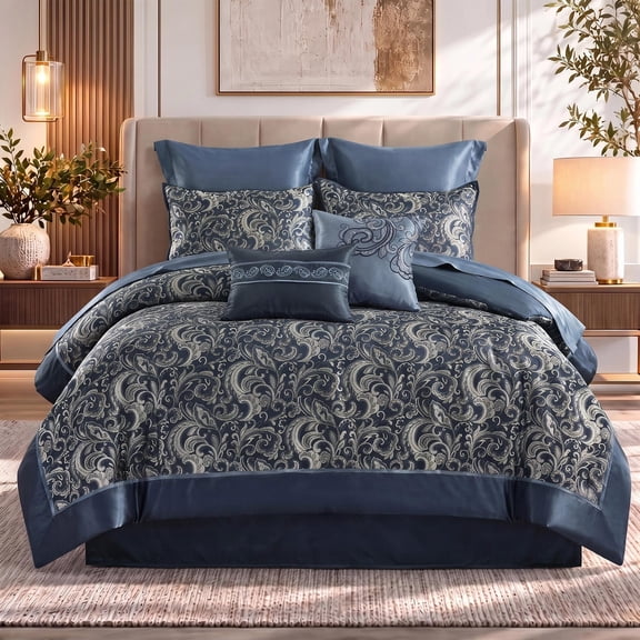 Regency Heights 8 Pieces Jacquard Comforter Set with Bedskirt and Decor Pillows, Queen, Navy