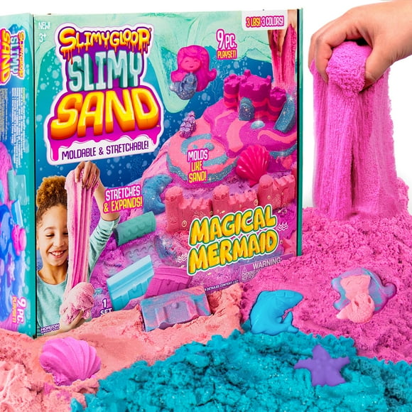 SLIMYSAND Sirène Magique 3 Livres de SLIMYSAND en 3 Couleurs (Violet Bleu Pailleté & Rose) 7 Moules 3D & Plus! Boîte Réutilisable. Slime Nuage Super Extensible & Moulable Idéal pour s'Amuser au Toucher Multi