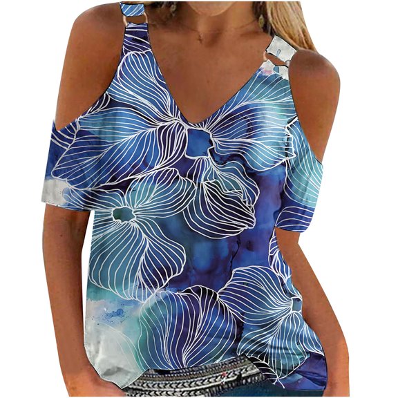 Fesfesfes Tshirts Women Tops Summer T-Shirt Cold Shoulder Sleeve Pullover Blouse Loose Comfy Tops V-Neck Printed Tops Women Short Sleeve Workout Tops 10(XL)
