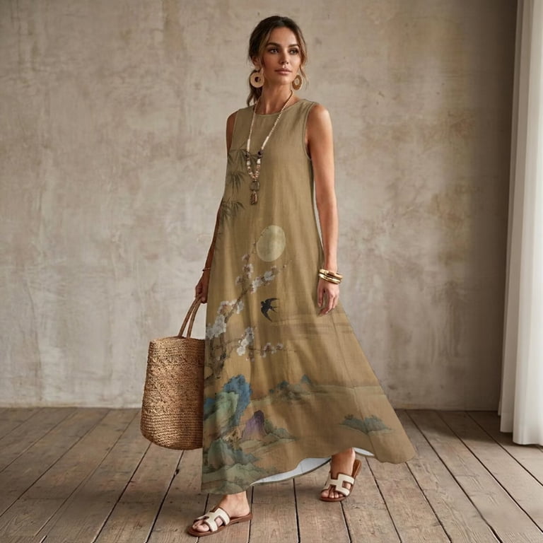 mountain casual dress Jiueut Green Mountain Watercolor Print Women's Summer Maxi Dress Sleeveless Crewneck Casual Linen Look Summer Dresses for Women Loose Beach Vacation