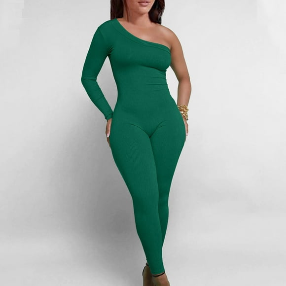 LOVZFMLL Women's Jumpsuit, Solid Color Casual Jumpsuit Long Sleeve Fitted Shoulder Romper Green, XL