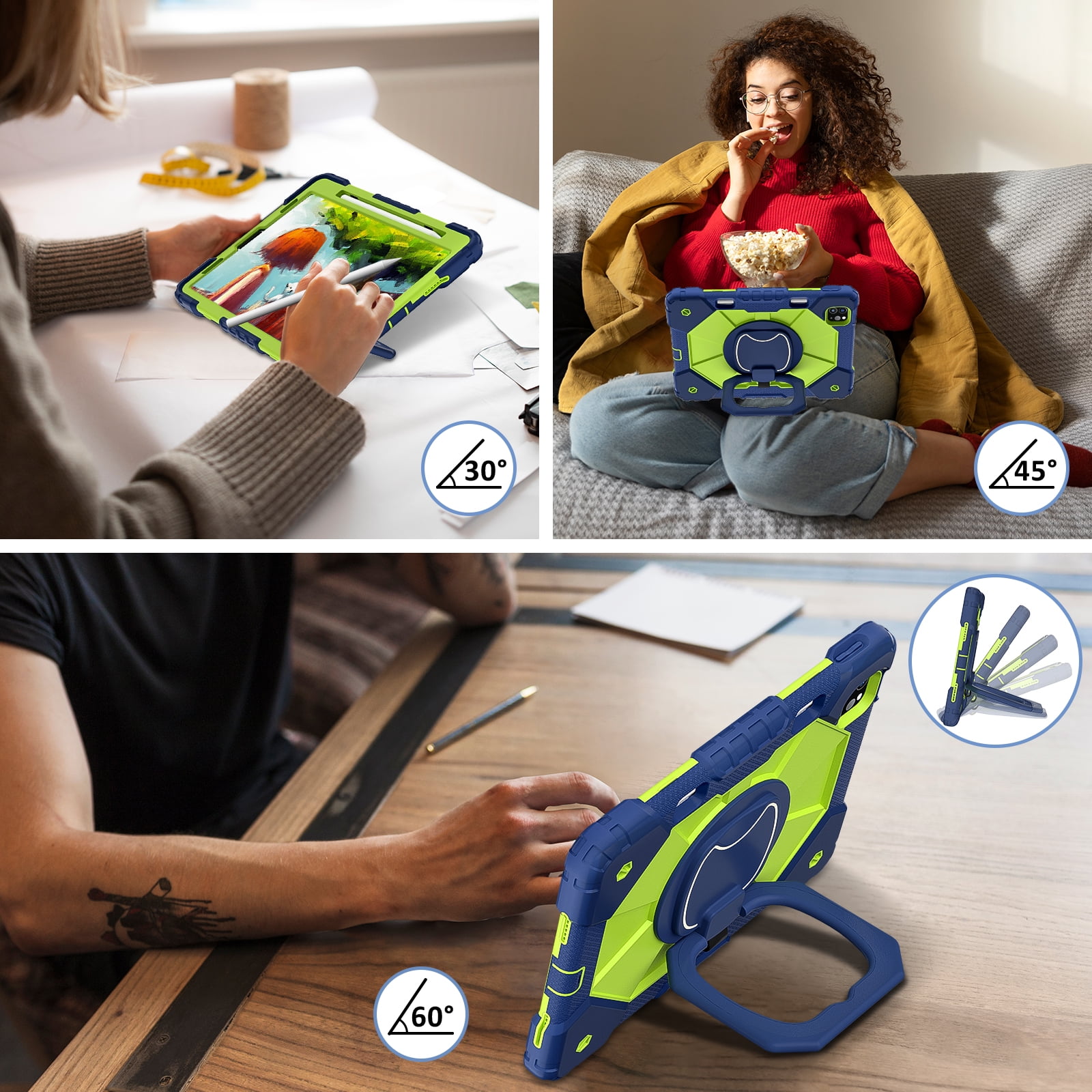 Shockproof Case for Apple iPad Air 11 Inch M4 M3 M2 2026 2025 2024, Build in Pencil Holder Rotating Stand Shoulder Strap Bumper Shockproof Rugged Kids Friendly Case Cover for iPad Air 11", Blue+Olive
