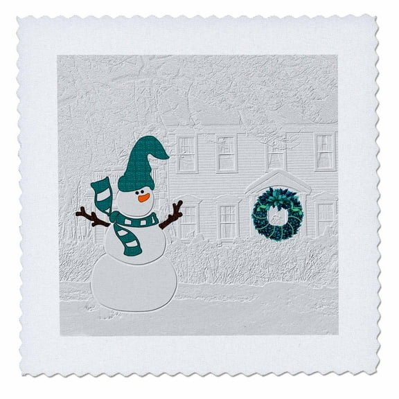 3dRose, Snowman and Wreath on the Door Christmas White and Teal etched look can not be felt to the touch, 10x10 inch quilt square