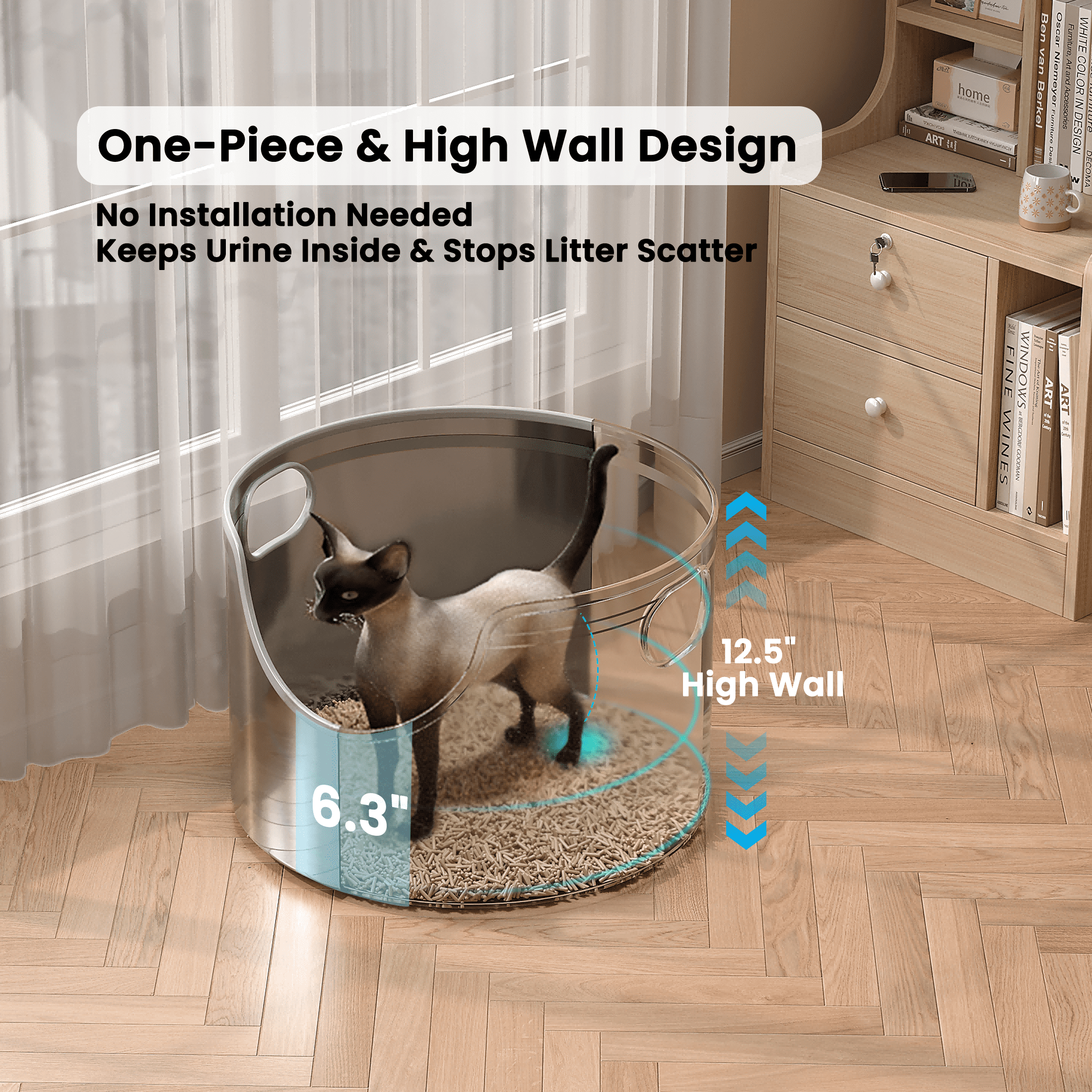 Stainless Steel Litter Box, XL/XXL for Big & Multi Cats: 12" High-Wall, High-Side, Integrated Round, Odor-Control, Easy-Clean, Durable Metal—Includes Stainless-Steel Scoop