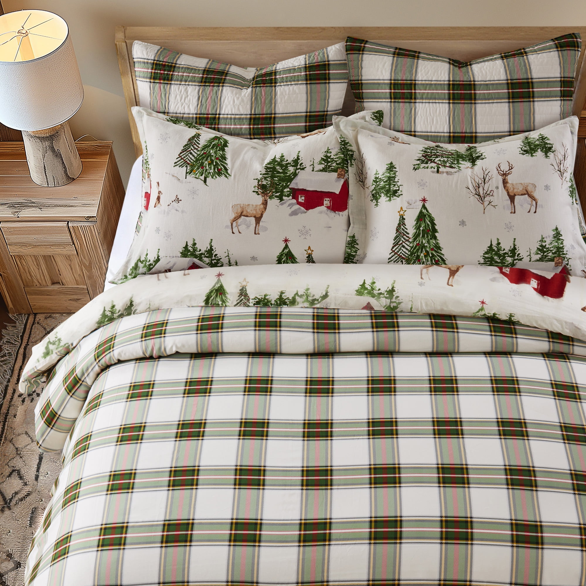 Levtex Home - Tatum Pines Comforter Set - Full/Queen Comforter + Two Standard Pillow Cases - Christmas Cabin - Red, Green, Brown, White - Comforter (90 x 94in.) and Pillow Case (26 x 20in.) - Cotton