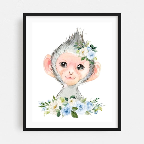 Monkey, Jungle Animals, Safari Animals, Blue Flowers, Boy Nursery - Illustration Watercolor Animal Floral Whimsical Flowers Botanical Black Framed Wall Art Print 9 x 12 inches