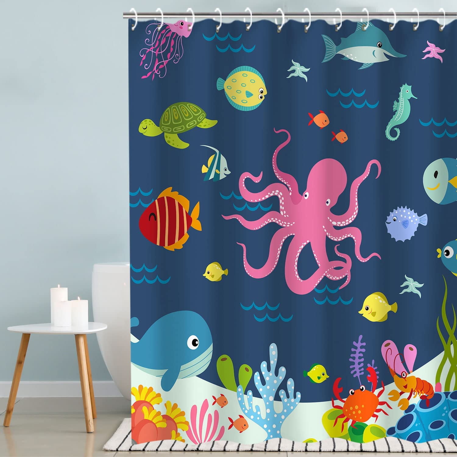 Kids Shower Curtain for Bathroom,Cartoon Sea Ocean Animal Shower