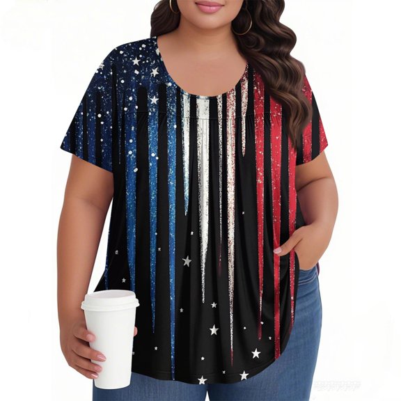 TQWQT Plus Size American Flag Tops for Women 4x Womens Top Crew Neck Womens Short Sleeve Tops Stars and Stripes Print Dressy Casual Tunics Loose Fit Summer Curvy Women Outfits Black L