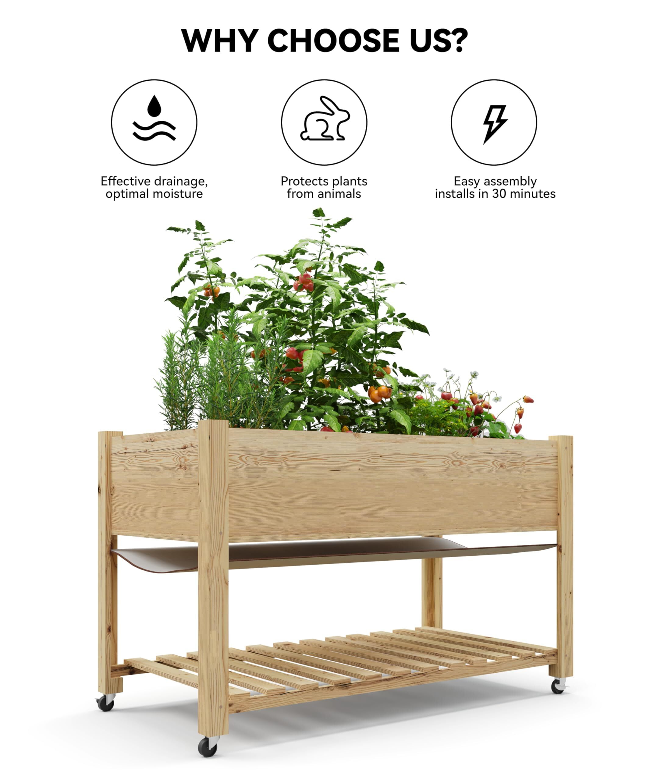 RIEDHOFF Raised Garden Bed, Elevated with Legs and Wheels, Cedar Wood, Outdoor, 48 x 24 x 30 in